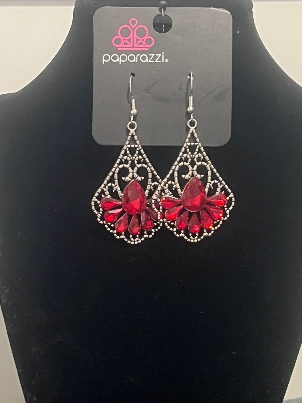 Paparazzi Silver-Tone Filigree Earrings with Red Teardrop and Marquise Stones